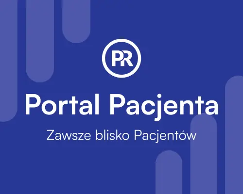 Grafika okładkowa Portalu Pacjenta Przychodni Rogowscy z logo PR i hasłem &bdquo;Zawsze blisko Pacjent&oacute;w&rdquo; na granatowym tle